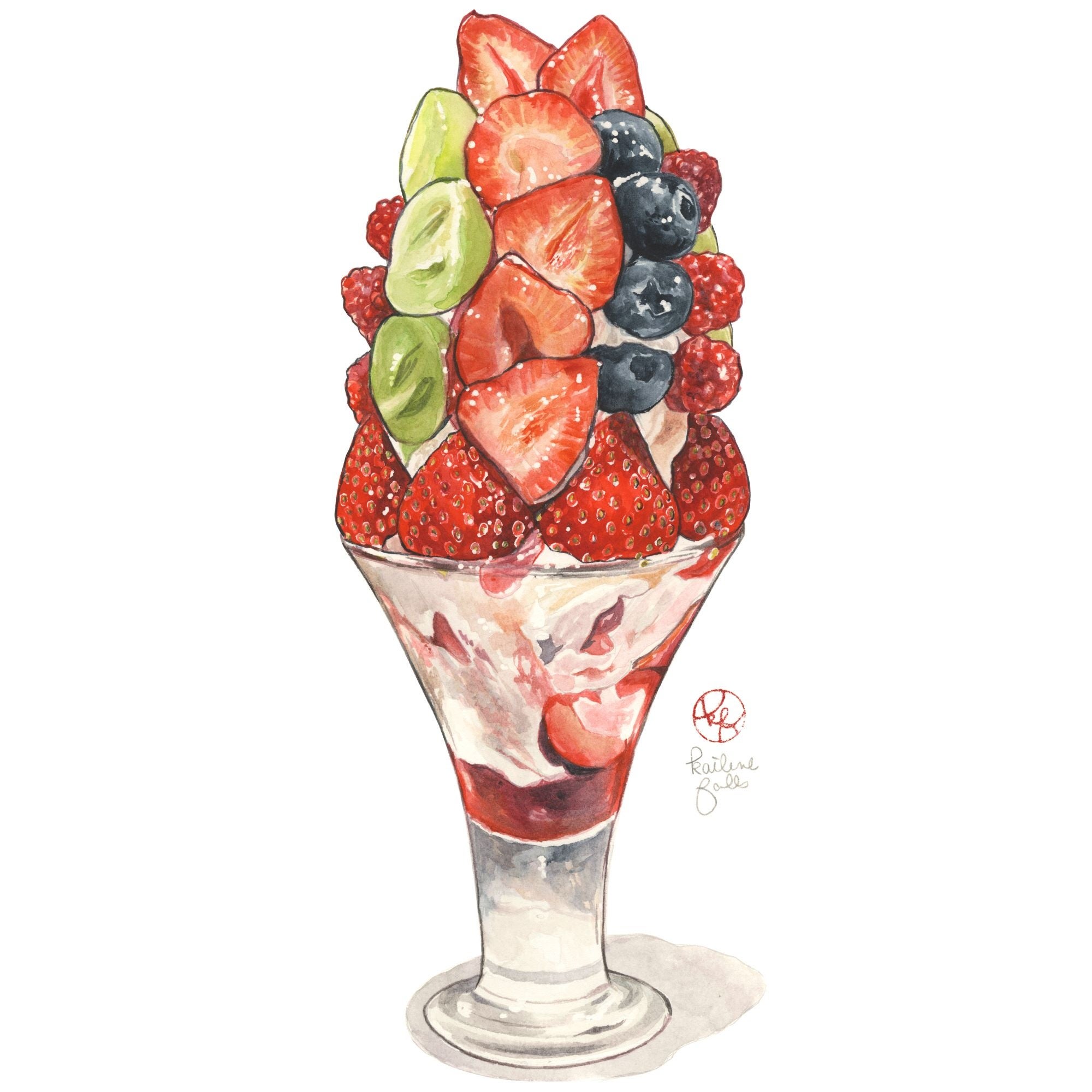 「スリーベリーパフェ」 （水彩、23x31cm） フレーム有：46,200円　　　　　　フレーム無：39,270円