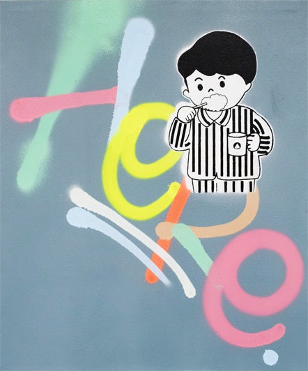 「hamigaki kun on the letter（Here）」 （キャンバス + スクリーンプリント + スプレーペイント、F8号） 88,000円 ※キャンバスでのお渡しとなります