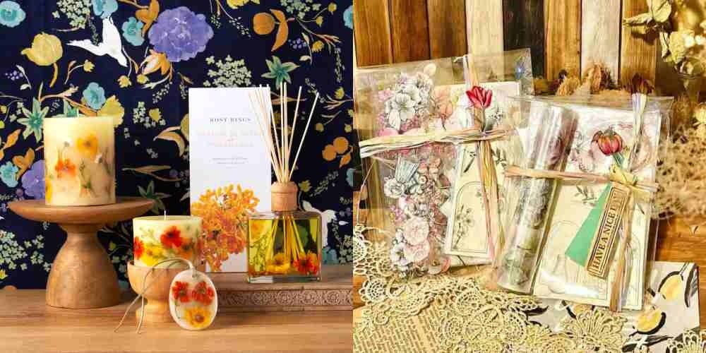 （左）「ロージーリンクス」ボタニカルキャンドル 9,900円など （右）「ロイデザイン」左：アソートセットA 1,320円、右：アソートセットB 2,420円