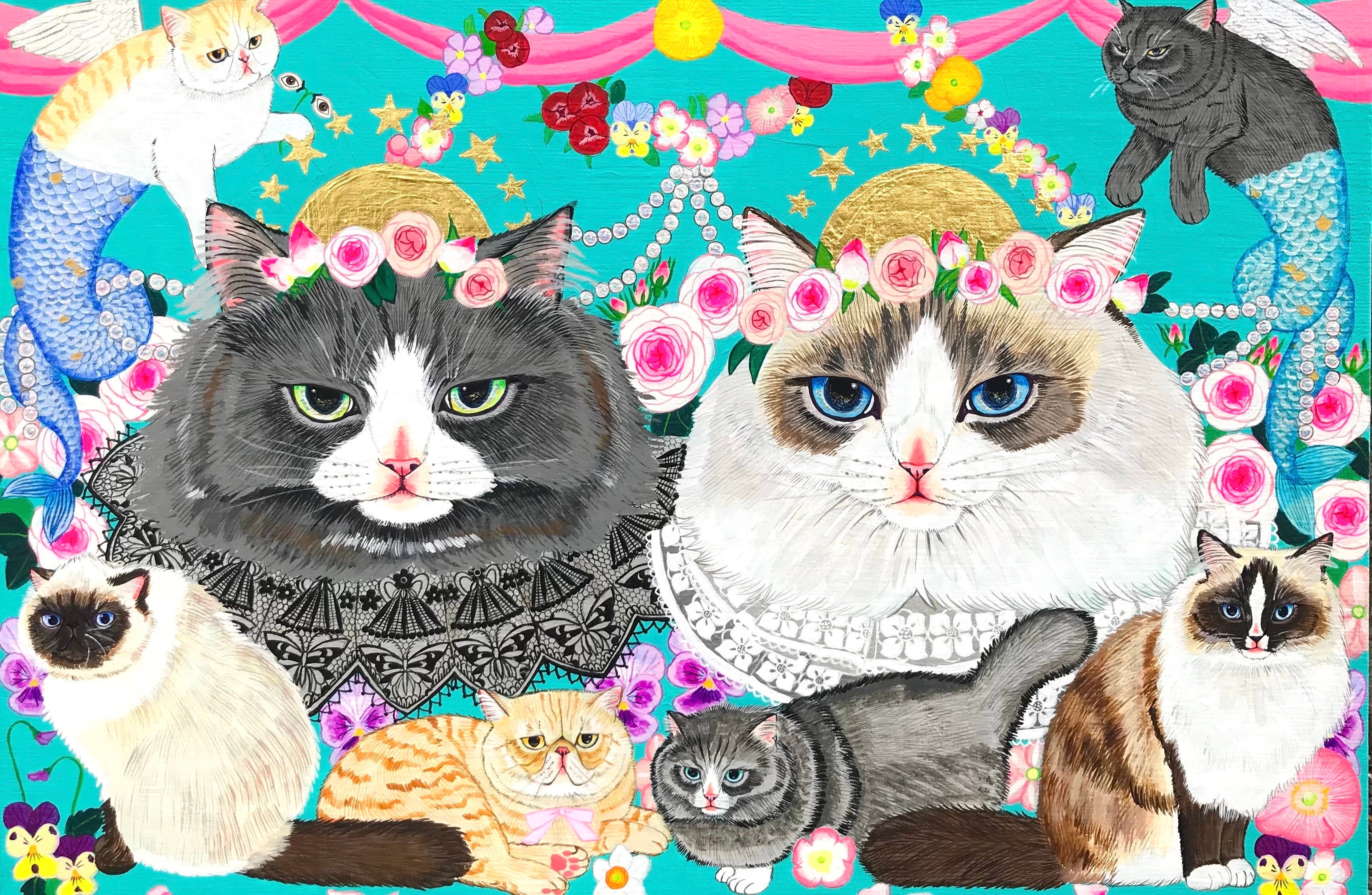 金田花季「わたしは猫、私たちは気高くて可愛い猫」横60.6✕縦41㎝、アクリル絵具、キャンパス、ラインストーン、金箔　170,500円