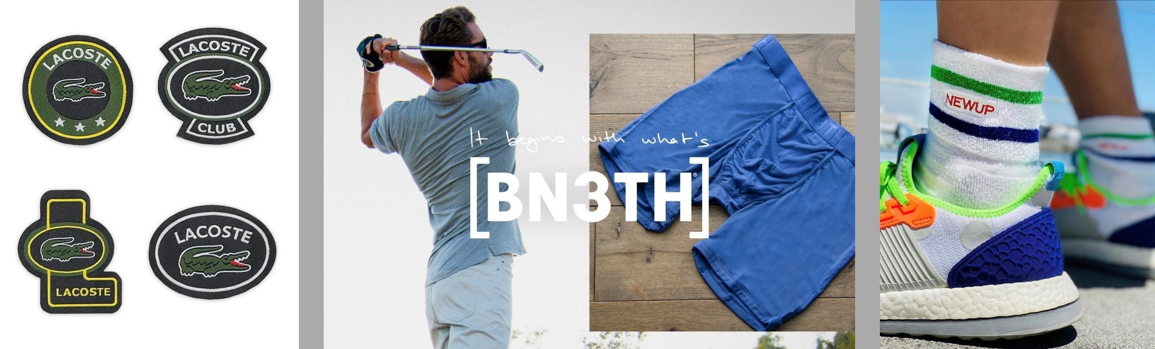 （左）「ラコステ」 パッチ　（中央）「ベニスアンダーウェア」　ボクサーパンツ　（右）「ニューアップ」ソックス