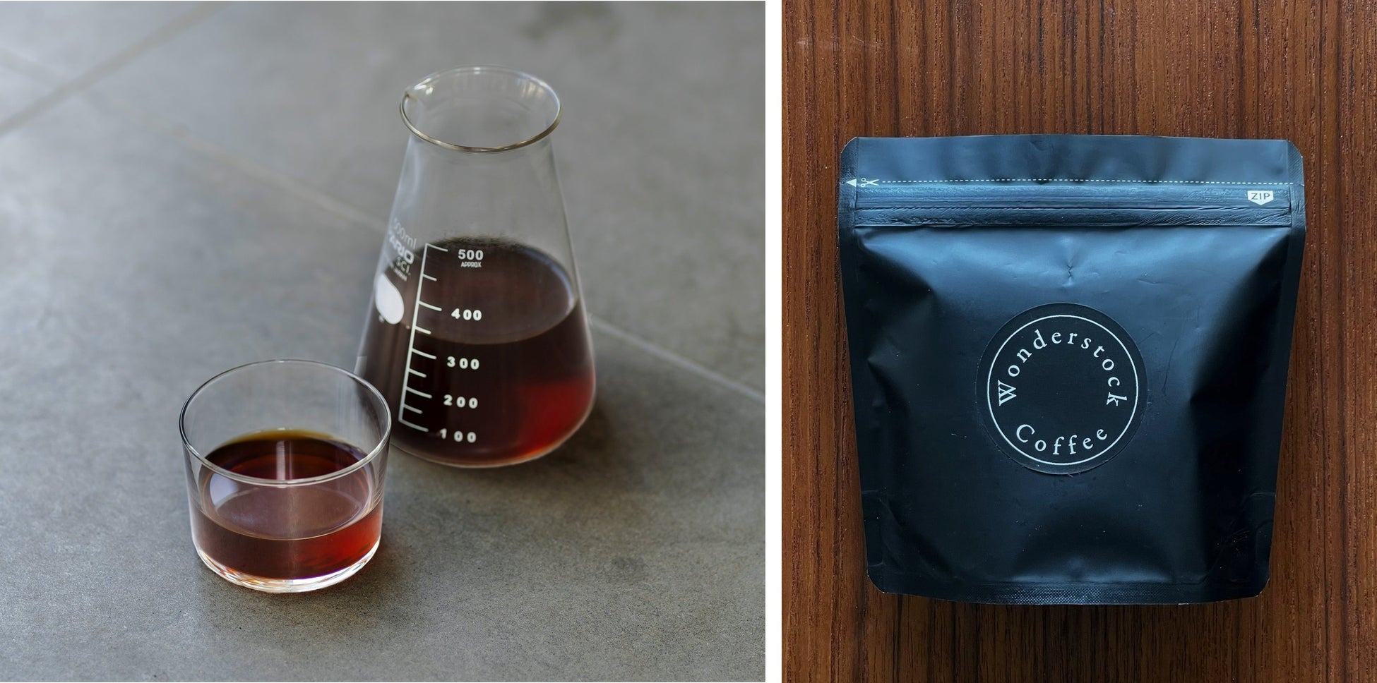 「Wonderstock Coffee」(左)イメージ、(右) 特別栽培農産物イルガチェフェ ナチュラル(豆)中煎り 1,620円