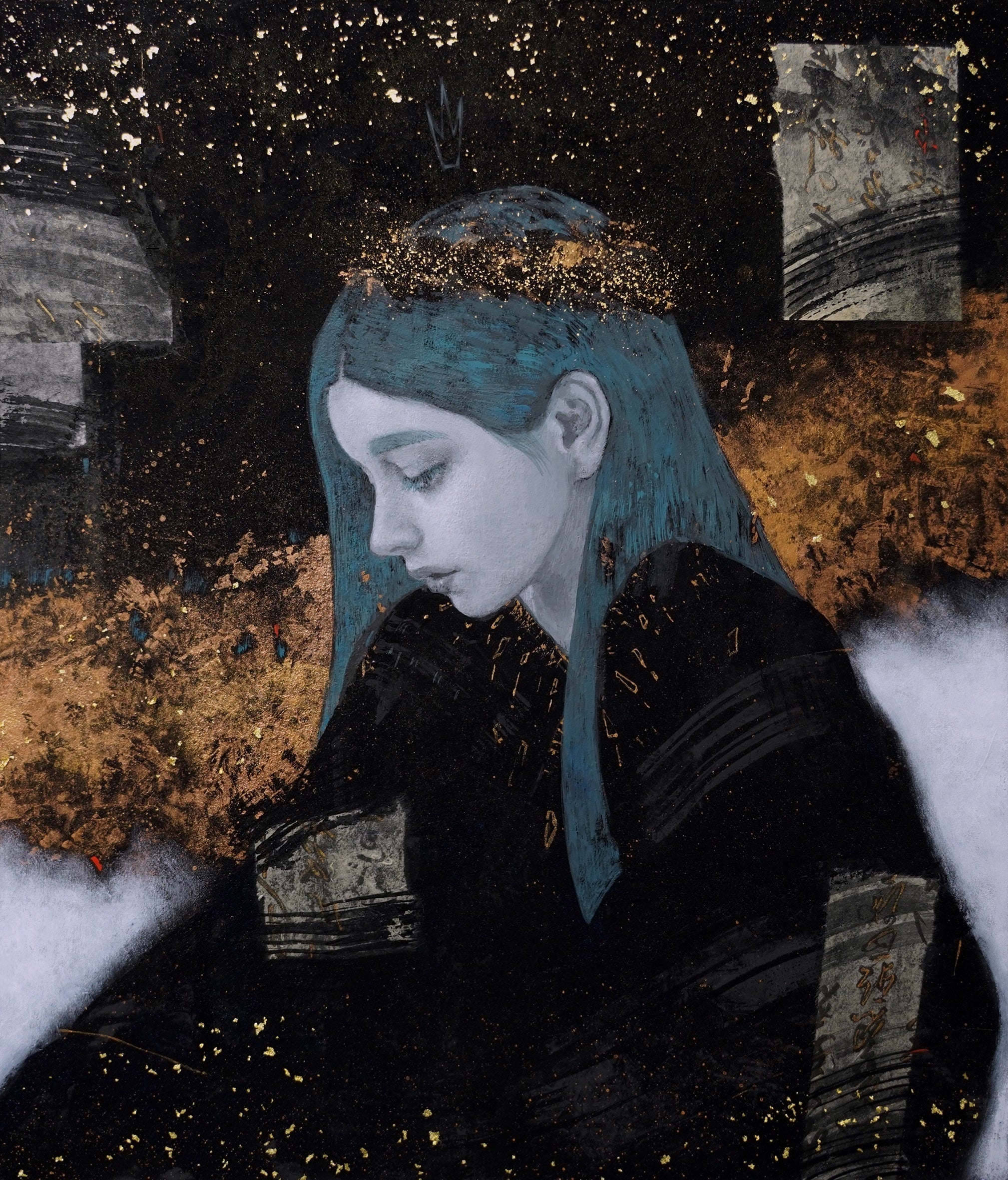 「輝夜 ーkaguyaー」（F10／H53✕W45.5✕D2㎝）　パネル・アクリル・岩絵具・金箔・古文書和紙（明治初期）330,000円