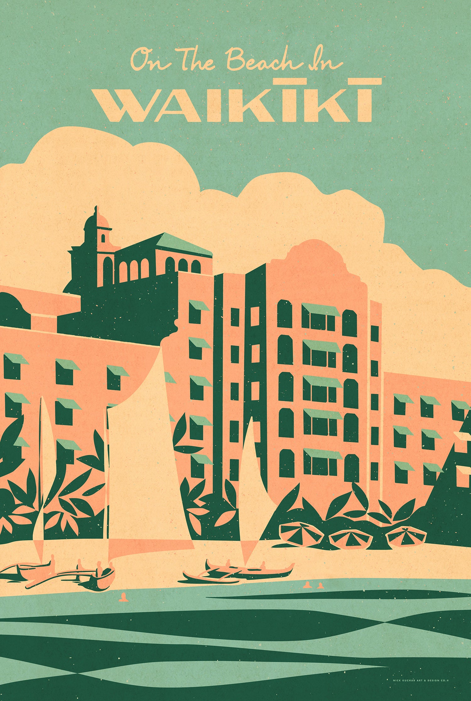 ニック・カッチャー「ON THE BEACH IN WAIKIKI」約76×51cm キャンバスジクレープリント 103,950円
