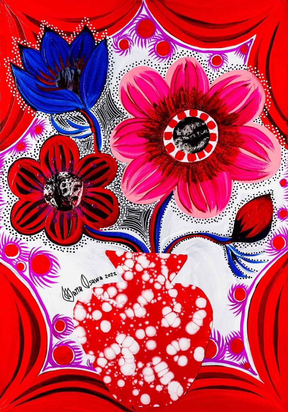 大沢愛 「Anemone Specialite Pink」 （アクリル絵具・ミクストメディア・コラージュ、 M15号）