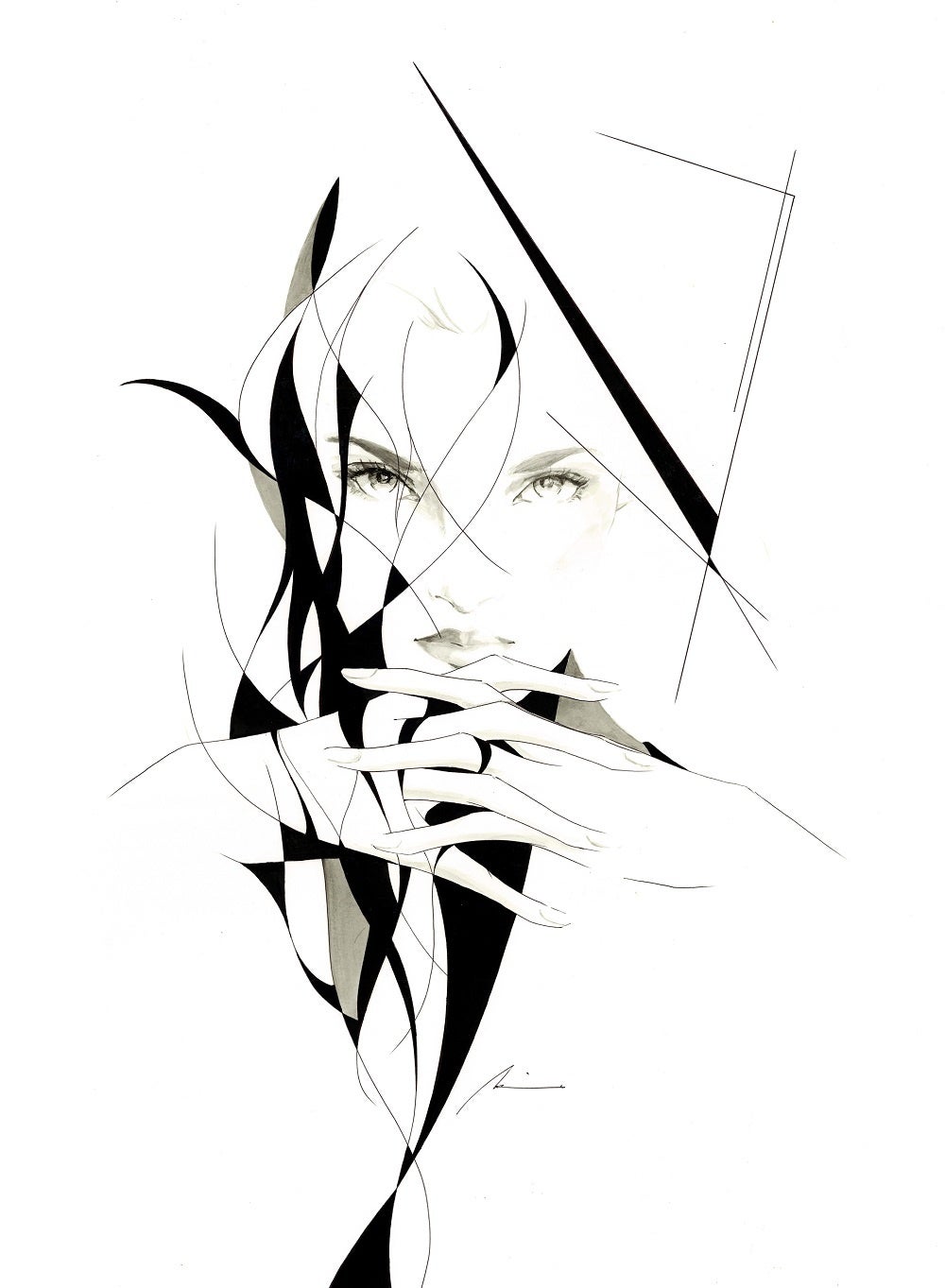 山田ポチ 「線子さん」（ボールペン・アクリル・カラーインク、 縦72.6×横54.4cm）　77,000円