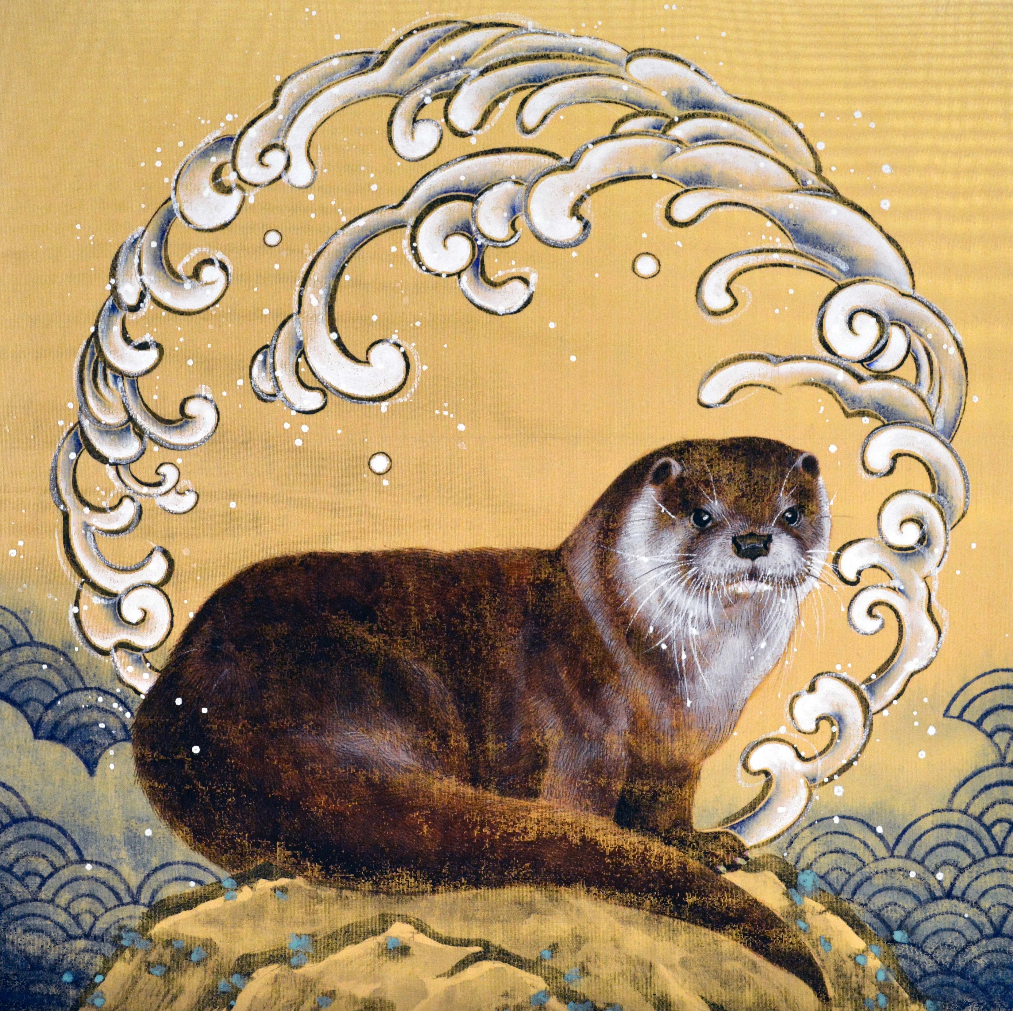 「水輪川獺」&nbsp; サイズ・S4　333×333mm&nbsp; 技法・鳥の子紙、絹、洋金箔、油煙墨、松煙墨、胡粉、顔料ベース、岩絵の具(絹本着彩)&nbsp; 税込価格・(額装有)88,000円(本体 80,000円)