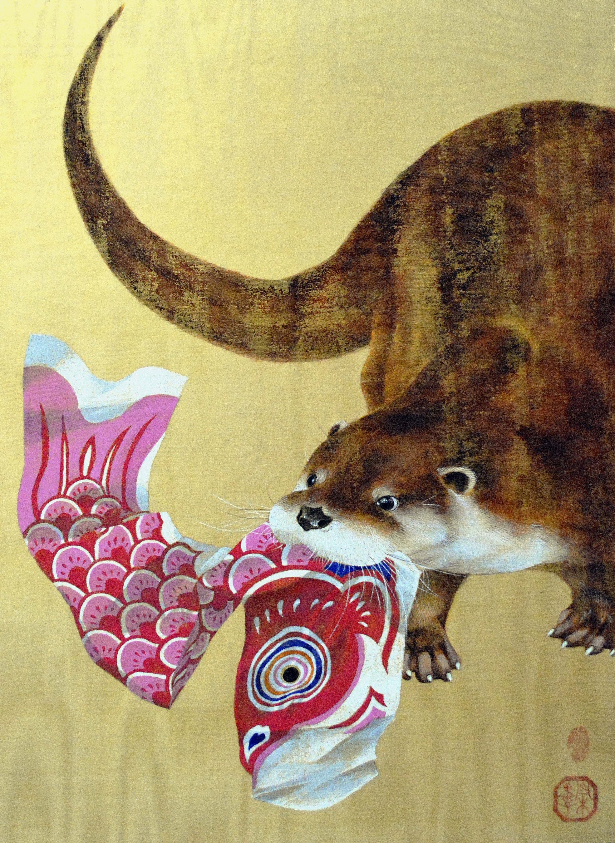 「大きな獲物」&nbsp; サイズ・P8　333×455mm&nbsp; 技法・鳥の子紙、絹、洋金箔、油煙墨、松煙墨、胡粉、顔料ベース、朱(絹本着彩)&nbsp; 税込価格・(額装有)176,000円（本体 160,000円）