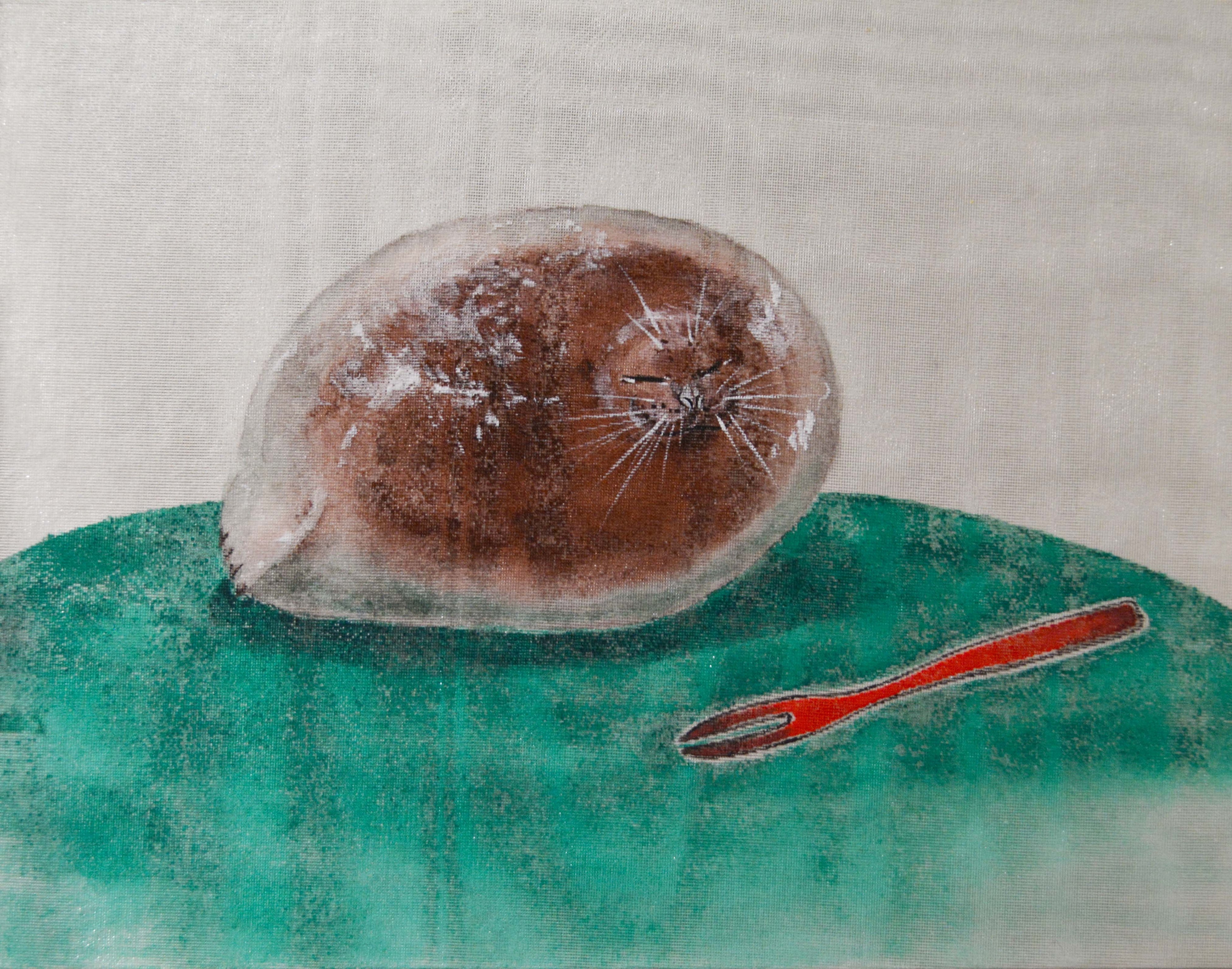 「クズモチアザラシ」&nbsp; サイズ・F0　180×140mm&nbsp; 技法・鳥の子紙、絹、洋銀箔、油煙墨、松煙墨、胡粉、顔料ベース、朱(絹本着彩)&nbsp; 税込価格・(額装有)33,000円（本体 30,000円）