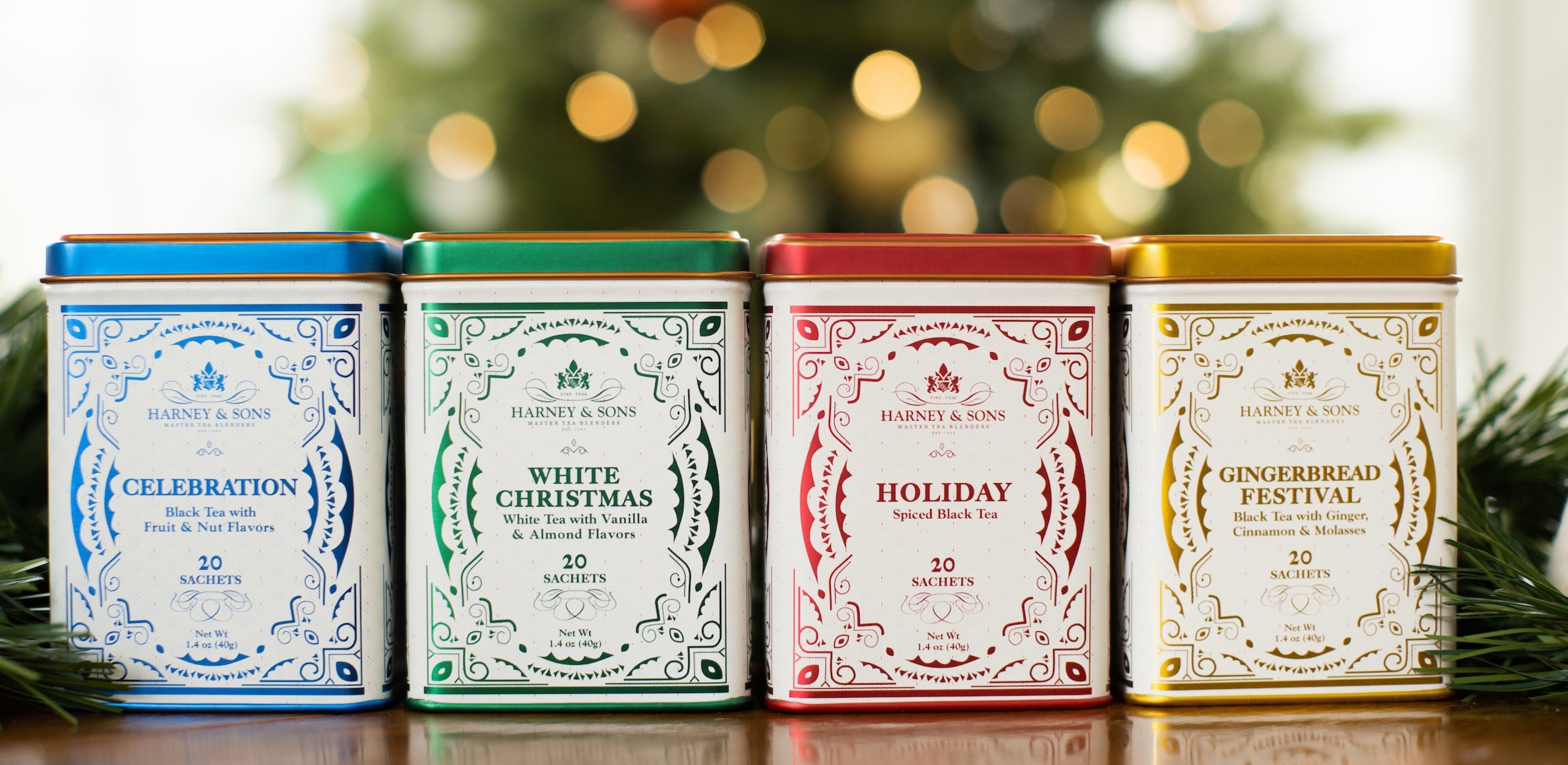 「HARNEY & SONS」ホリデーコレクションティー(左からセレブレーション, ホワイト・クリスマス, ホリデー, ジンジャーブレッド・フェスティバル) 各2,916円