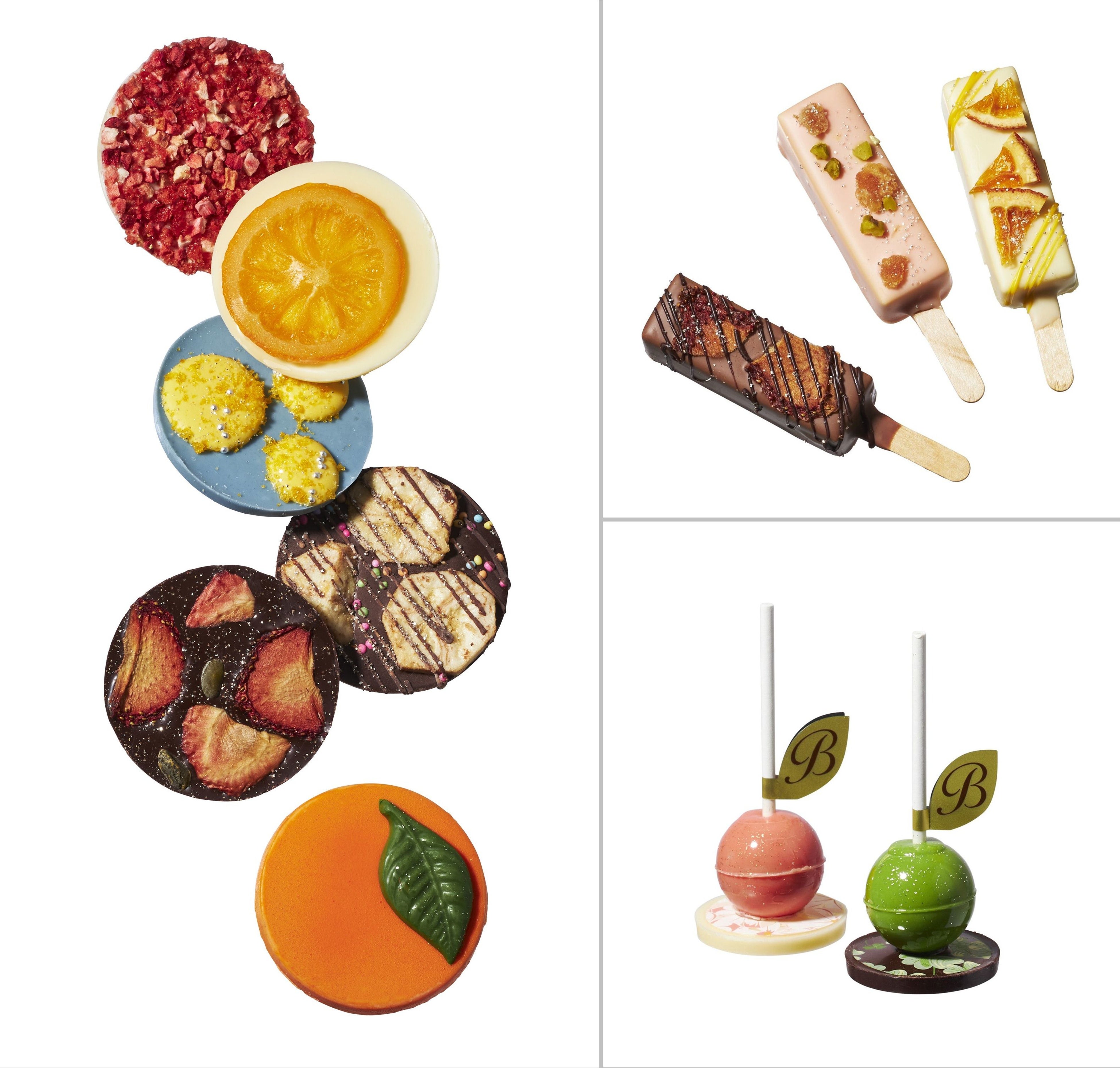 (左)「ベルアメール」パレショコラ（各1枚 日本製）各292円 （右上）「ベルアメール京都別邸」スティックショコラ(各1本、日本製) 各540円　(右下)「ベルアメール」フルーツポップ(各1枚 日本製）各432円