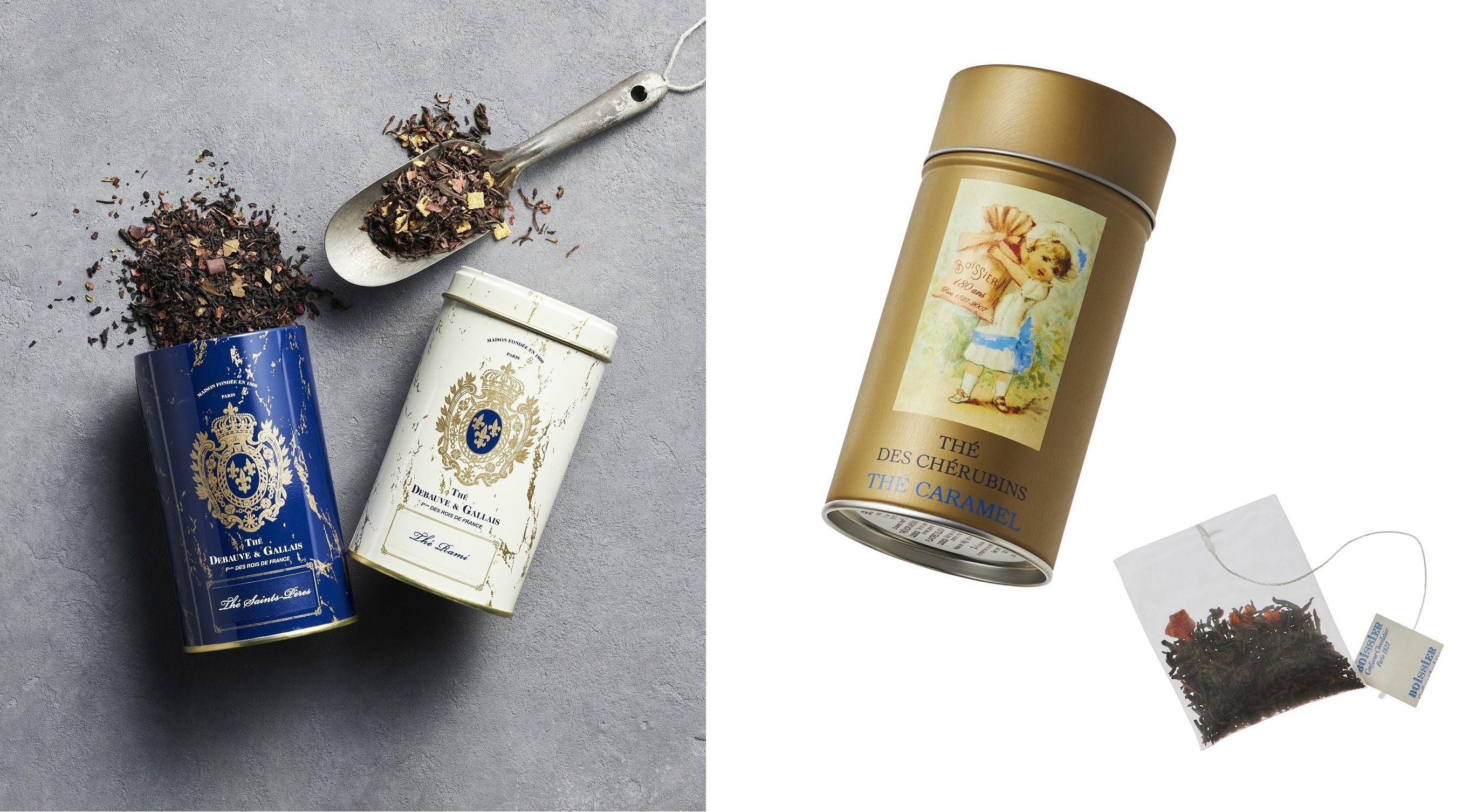(左）「ドゥボーヴ・エ・ガレ」紅茶（各90ｇ入り） 各3,564円、（右）「ボワシエ」キャラメルティー（2ｇ×20包入り）3,240円