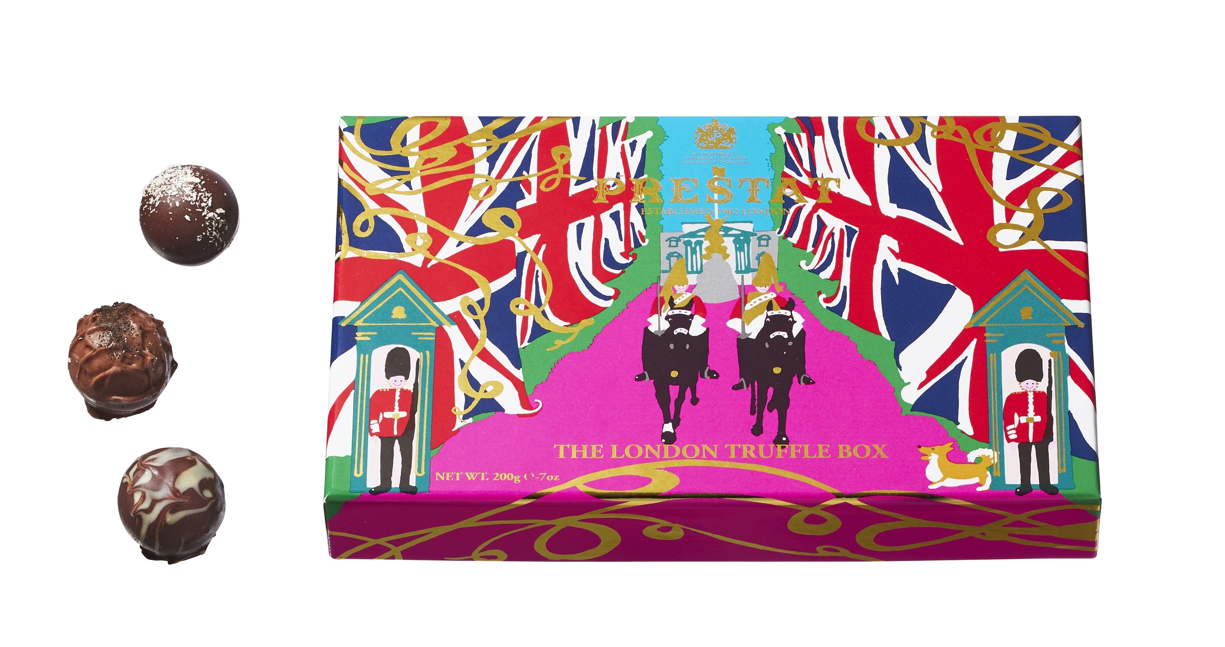 コーヒー、アールグレイ、ジャンドゥーヤ、シーソルトキャラメル、ココナッツの5種類のトリュフチョコレート。「プレスタ」ロンドントリュフボックス（5種×各3個、英国製）4,860円