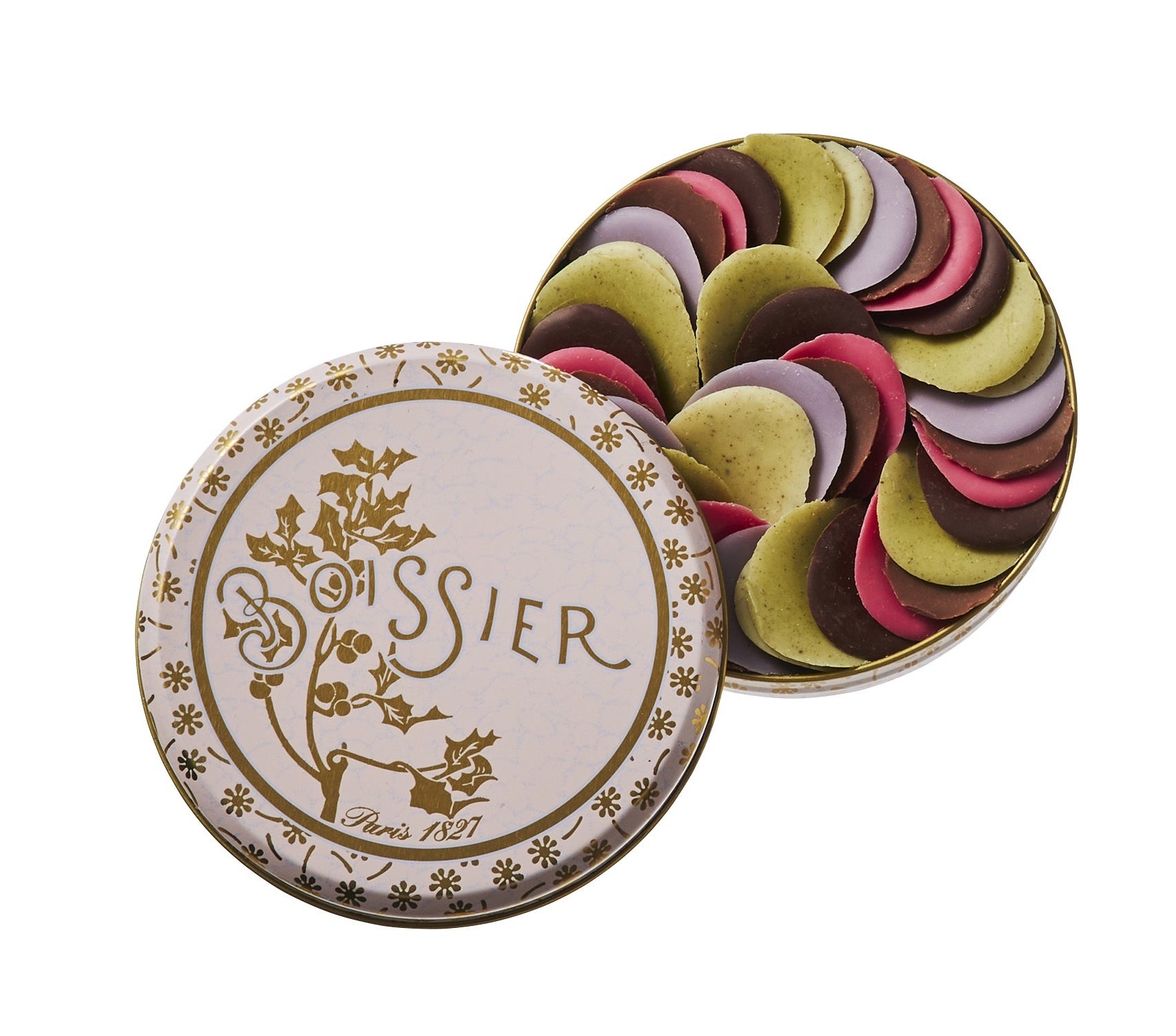 ボワシエの看板商品の1つである花びらチョコレート。ローズやバイオレット、ジャスミンなど多彩に。「ボワシエ」ペタル・ド・ショコラ・フルール（68ｇ入り、フランス製）4,320円