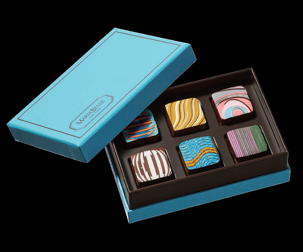 幾何学模様を使用したカラフルなガナッシュは芸術そのもの。「マリベル  ブルーボックス（ジャックコレクション(6個入り、アメリカ製）3,888円