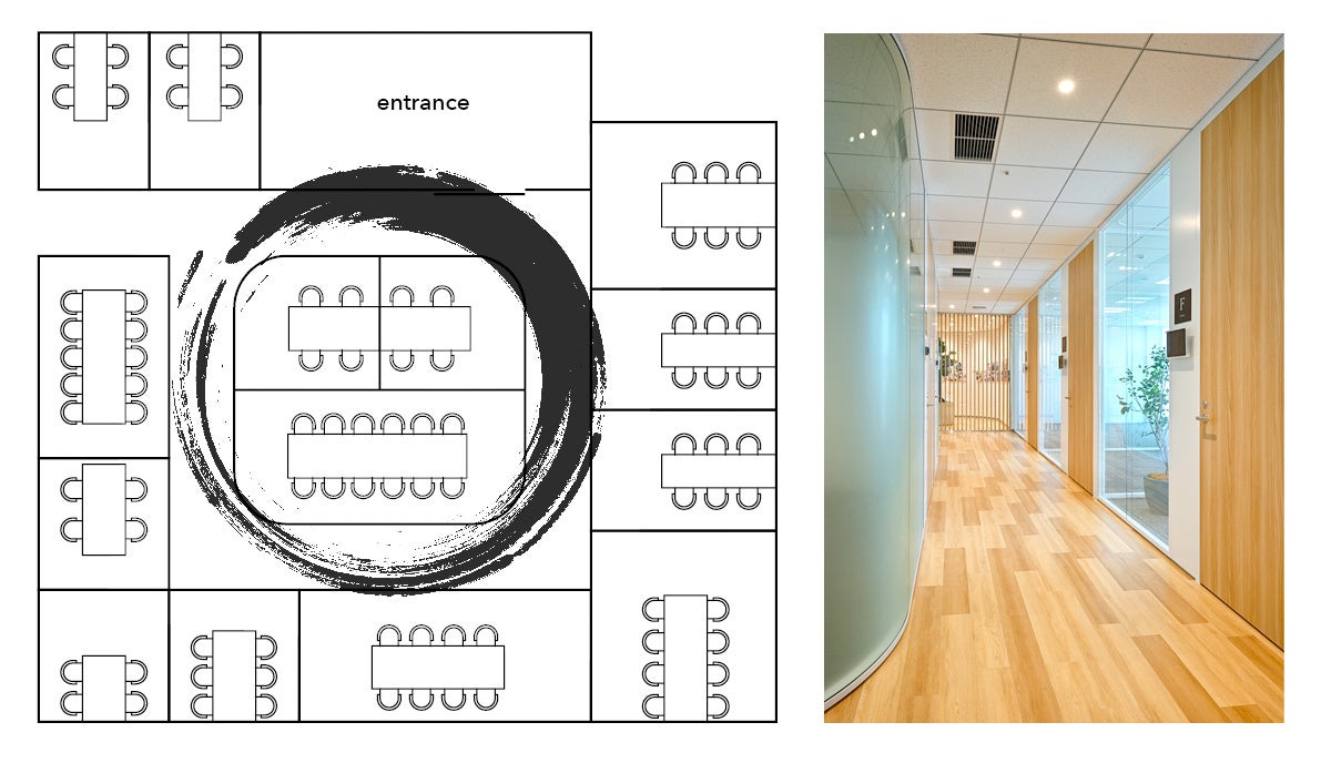 会議室を俯瞰した図。円相の形が反映されている。