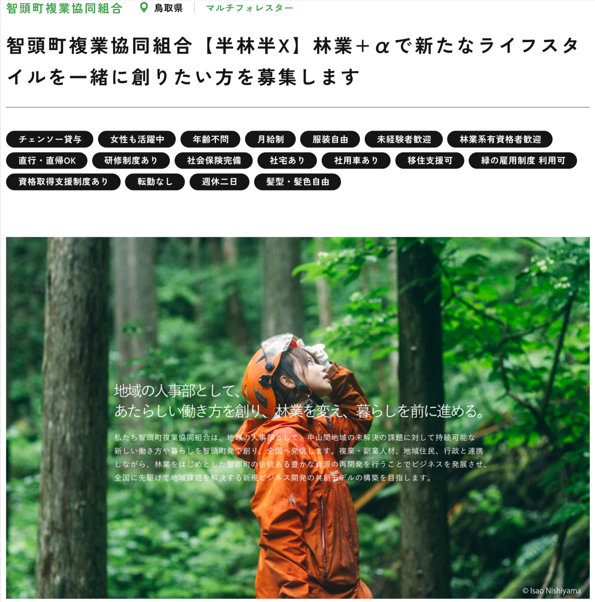 企業紹介ページでは、林業初心者や女性でも 安心して登録できるような制度や条件をわかりやすく記載