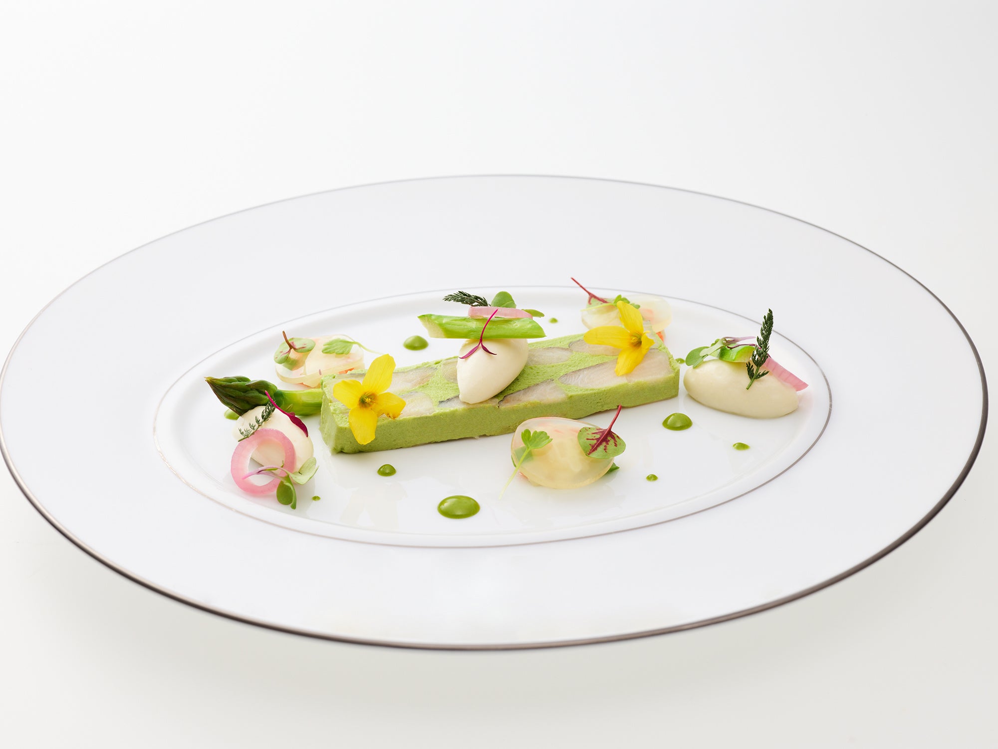 SABRE ARGENTÉ et asperges vertes en pressé, kagafutokuri en sauce acidulé & crémeux de navet  (￥11,000ランチコースより）