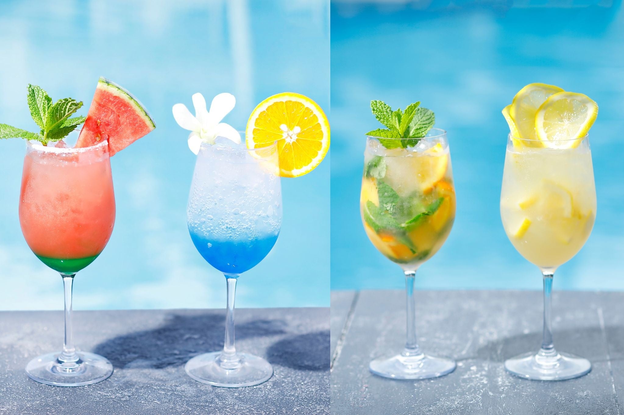 左からウォーターメロンソルティードッグ・ブルーパロマ・桃香るフルーティーモヒート・ラムレモンサワー