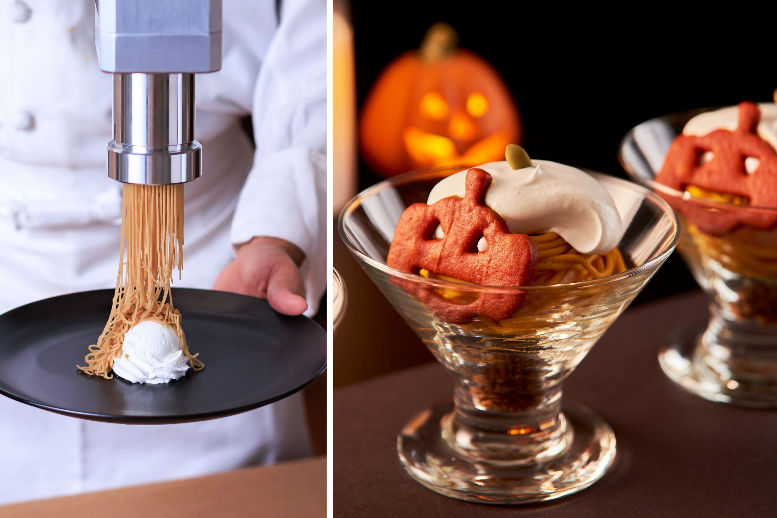 左：パティシエが目の前で生絞り！　右：生絞りハロウィーンパフェ