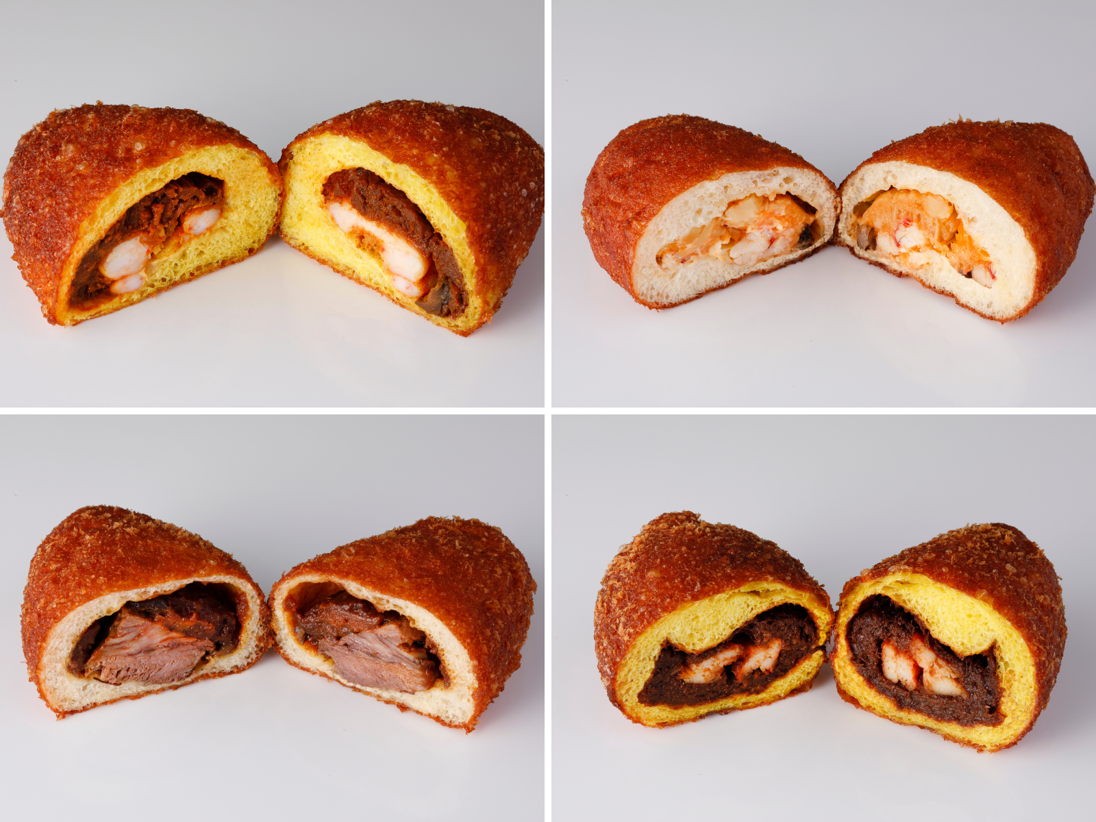 (左上) 下町シュリンプカレーパン (右上) 下町 海老と蟹のグラタンパン(左下) 新ビーフシチューパン(右下) カニカニカレーパン