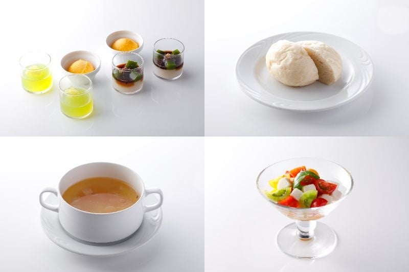 スイーツ　米粉パン　ベジタブルブイヨンスープ　チーズのような豆乳とカラフルトマトのカプレーゼ