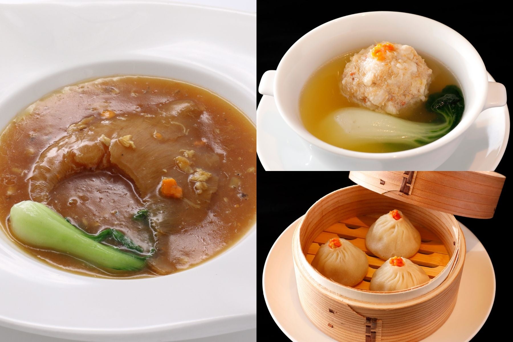 左：上海蟹入りふかひれ姿煮　右上：ミックスクラブ入り大きな肉団子のスープ煮　右下：上海蟹入り小籠包