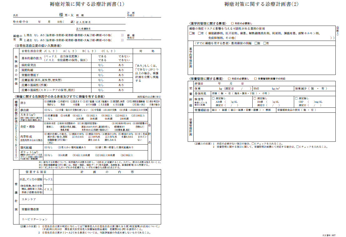 褥瘡対策に関する療養計画書