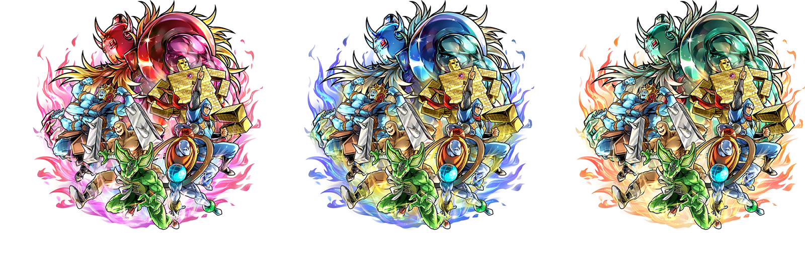 (左)「悪魔率いる煌然たる紅将（★6）」 (中央)「悪魔率いる煌然たる蒼将（★6）」 (右)「悪魔率いる煌然たる翠将（★6）」