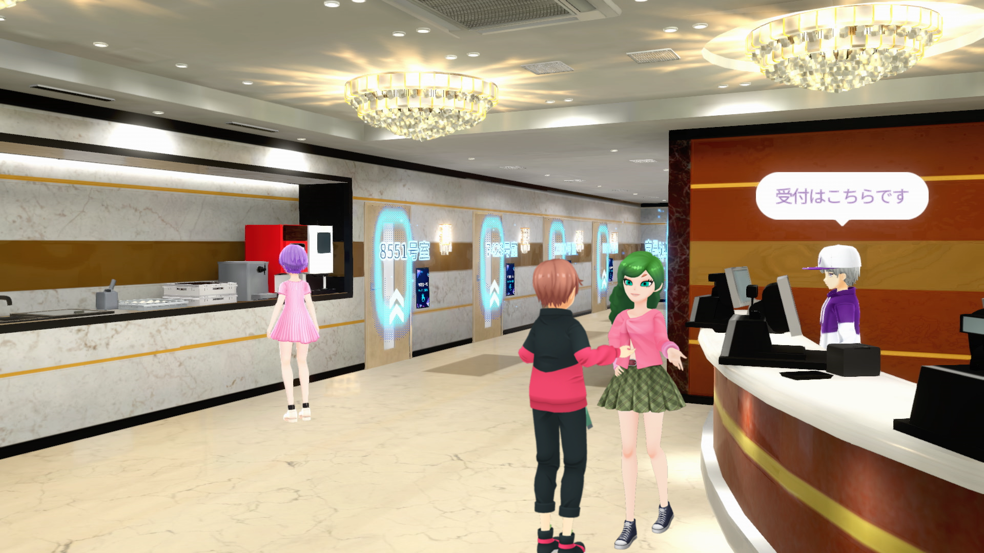 リアルなカラオケボックスにきたような空間。受付では空き状況の確認や、大小さまざまなカラオケルームから好きな部屋を選択可能