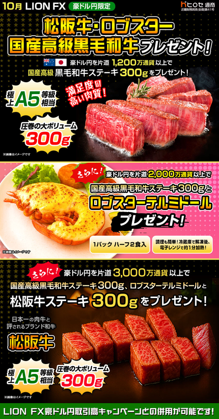 LION FX豪ドル円限定 松阪牛・ロブスター・国産高級黒毛和牛プレゼント!を実施！