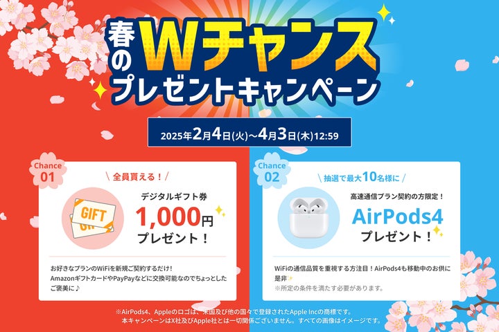 MUGEN WiFi「春のWチャンスプレゼントキャンペーン」開催!【全員 MUGEN WiFi「春のWチャンスプレゼントキャンペーン」開催!【全員