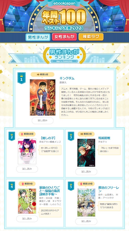 ebookjapanが2023年の売上上位100作品を発表!『キングダム』が男性まんが1位、『薬屋のひとりごと』が女性まんが1位 ebookjapanが2023年の売上上位100作品を発表!『キングダム』が男性まんが1位、『薬屋のひとりごと』が女性まんが1位