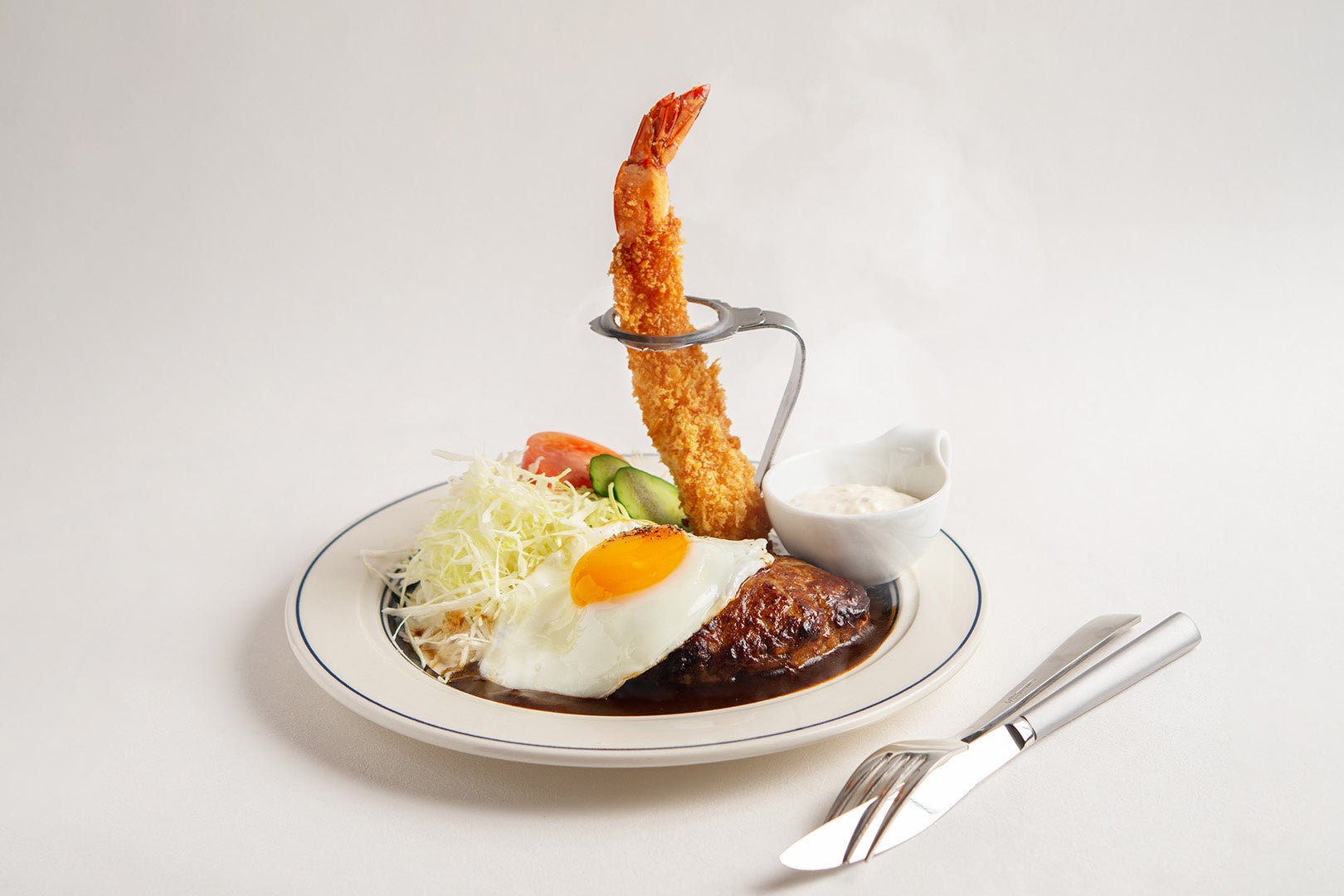 熟成ハンバーグとジャンボエビフライ