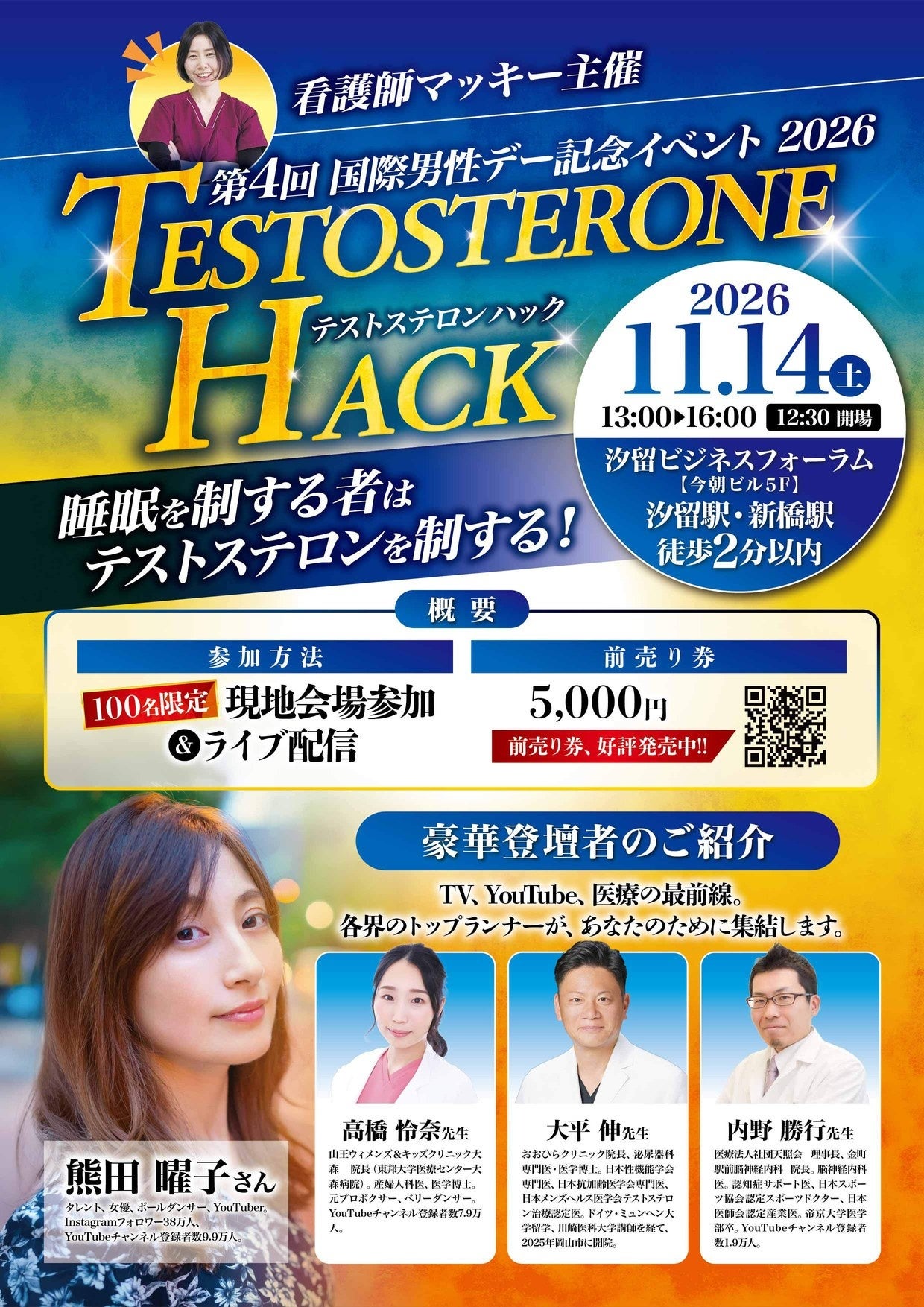 タレント熊田曜子氏、産婦人科医 高橋怜奈氏を迎え「第4回 TESTOSTERONE HACK」を11月14日(土)に開催。今年のテーマは「睡眠」。