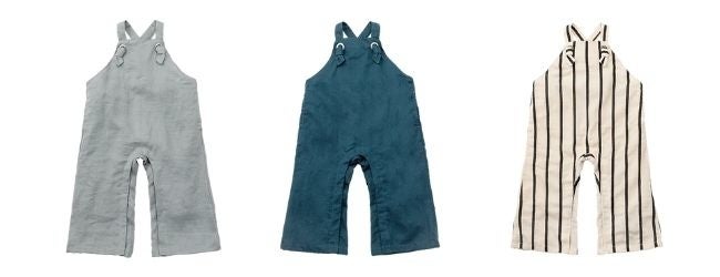 “loisir sun salopette”（サマーサロペット）左からsage、peacock、stripe