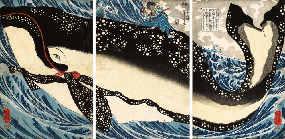 デジタルアート作品に使用される浮世絵:「宮本武蔵の鯨退治」歌川国芳