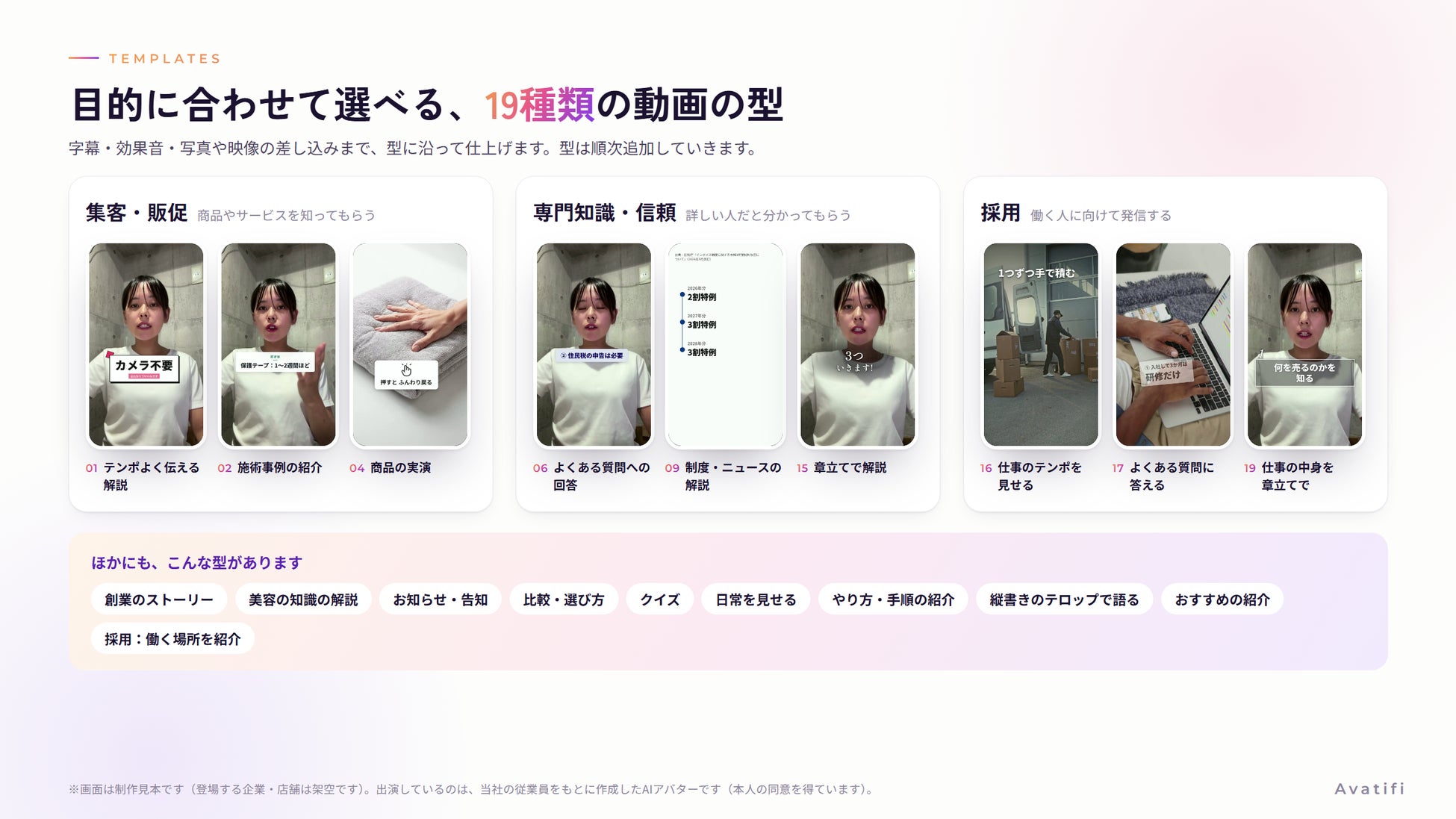目的に合わせて選べる、動画の型。集客・販促、専門知識・信頼、採用の3つの目的から選べます。画面は制作見本です(登場する企業・店舗は架空です)。出演しているのは、当社の従業員をもとに作成したAIアバターです(本人の同意を得ています)。