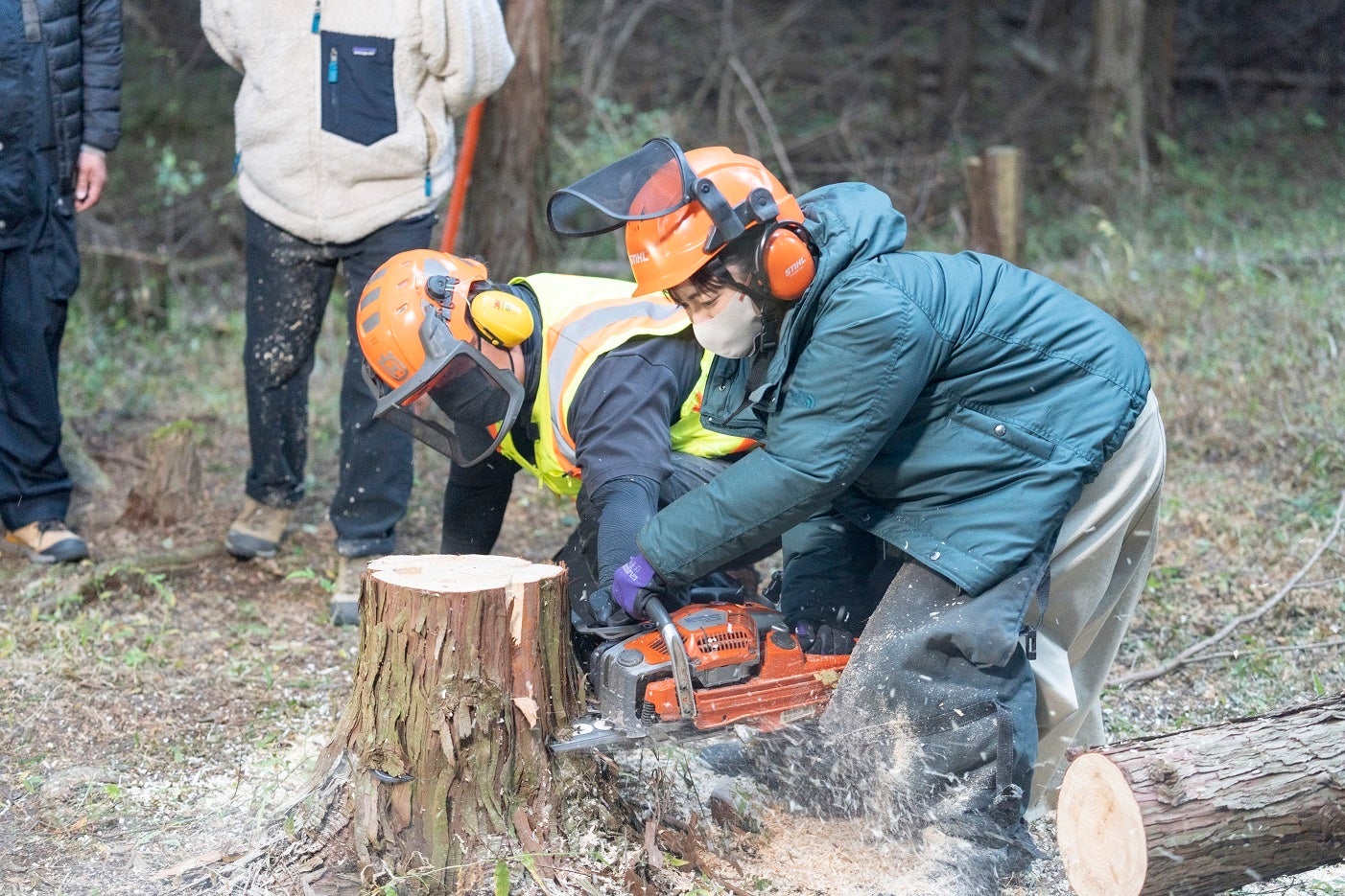 丸太を切る磯山