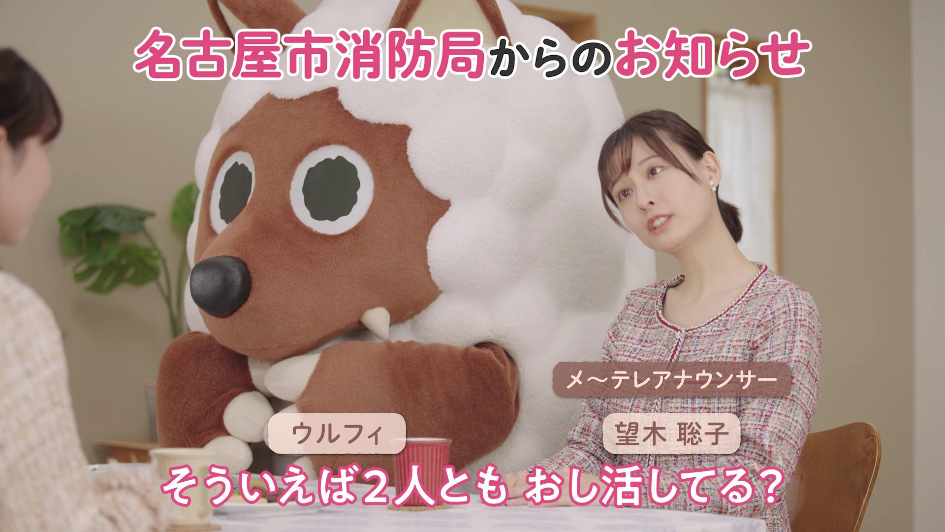 左）ウルフィ、右）望木聡子アナウンサー（メ～テレアナウンサーが出演する啓発動画より）