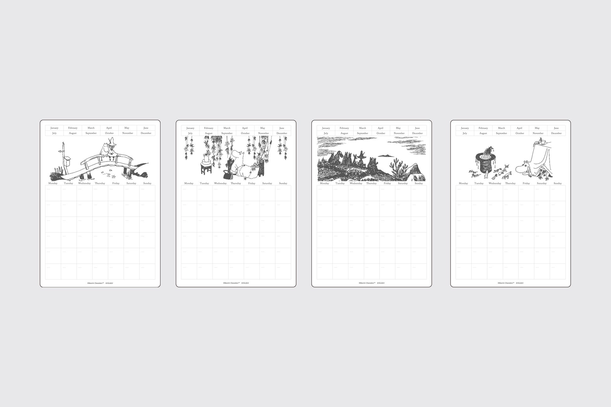 月間カレンダー用 採用 デザイン :『たのしいムーミン一家』                         ※視認性を高めるため、実際の製品より図案を濃く表現しています。