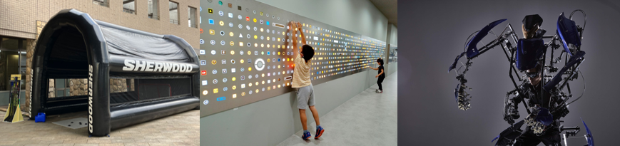 全長７ｍのドーム内でアイスホッケーのシュートを体験（左）／「日本一予約の取れない工場見学」でおなじみ(株)島田電機製作所の「ボタン押し体験（OSEBA)」（中央）／(株)ロボットライドの「SKELETONICS」（右）。３m級の巨大外骨格ロボット搭乗体験