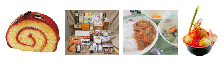 苫小牧市の銘菓「よいとまけ」（左）。日光市の特産品ブースでは、同市で人気の多種多様なお土産が販売される予定（中央左）。「ホッキカレー」（中央右）や「海鮮丼」（右）など、三都市の食材を活用したメニューも味わえる