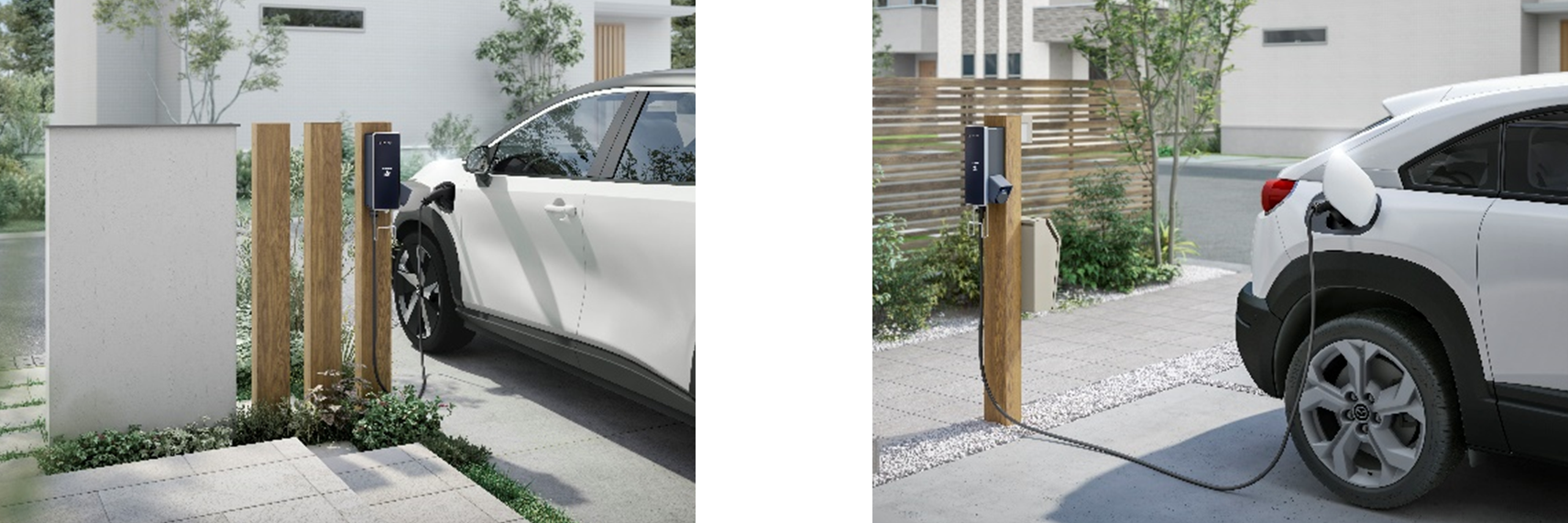 左：専用ポールと枕木材の組み合わせ　右：機能門柱FWへの取付け