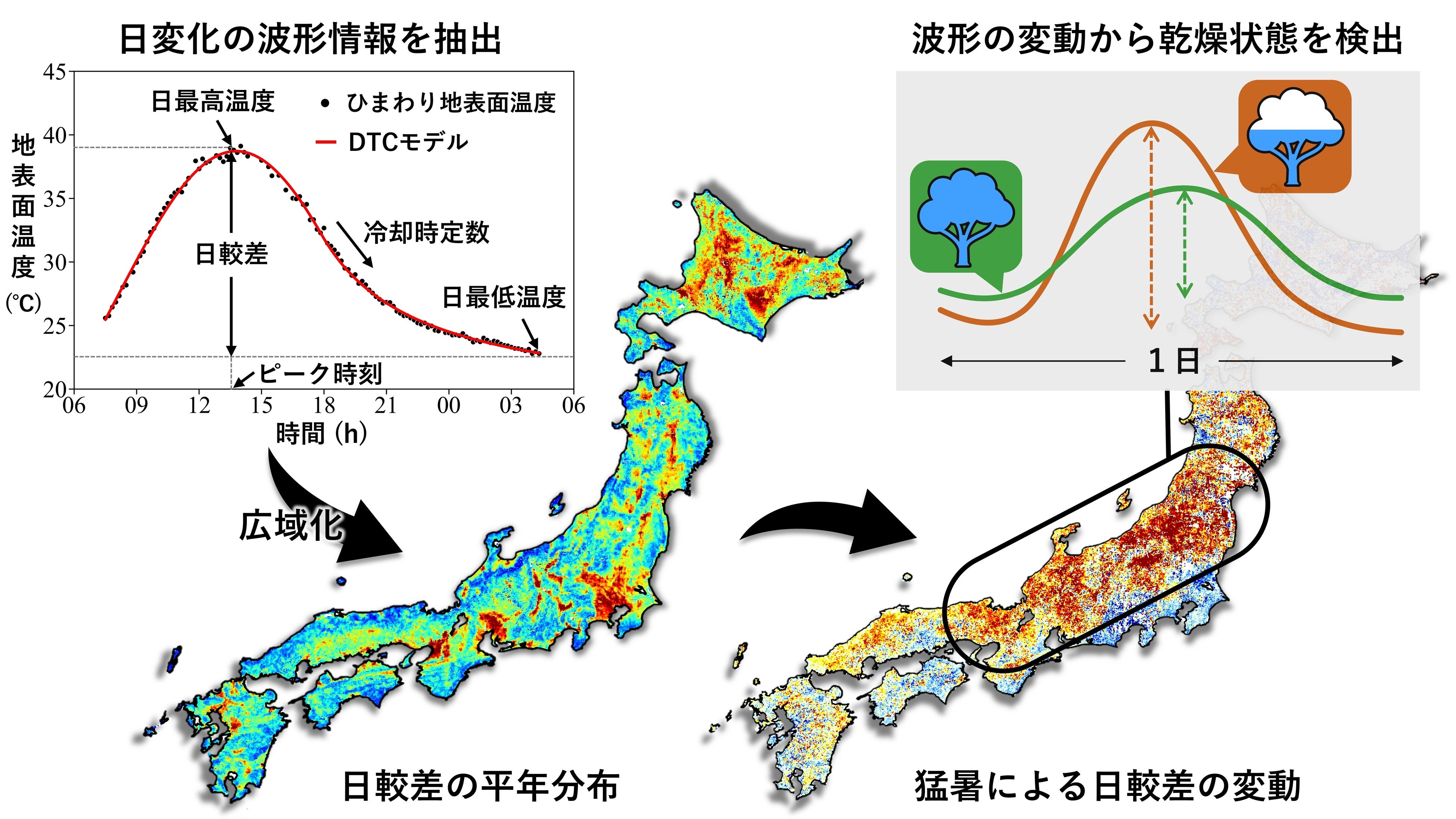 図1．気象衛星ひまわり８号による植物の乾燥化検出の概略図。