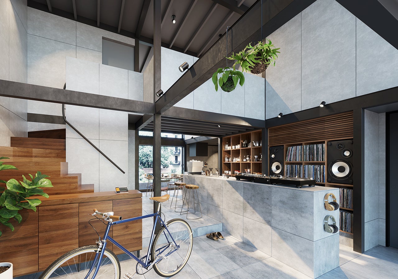 エントランス：玄関に入ると黒を基調とした吹き抜けの空間に。