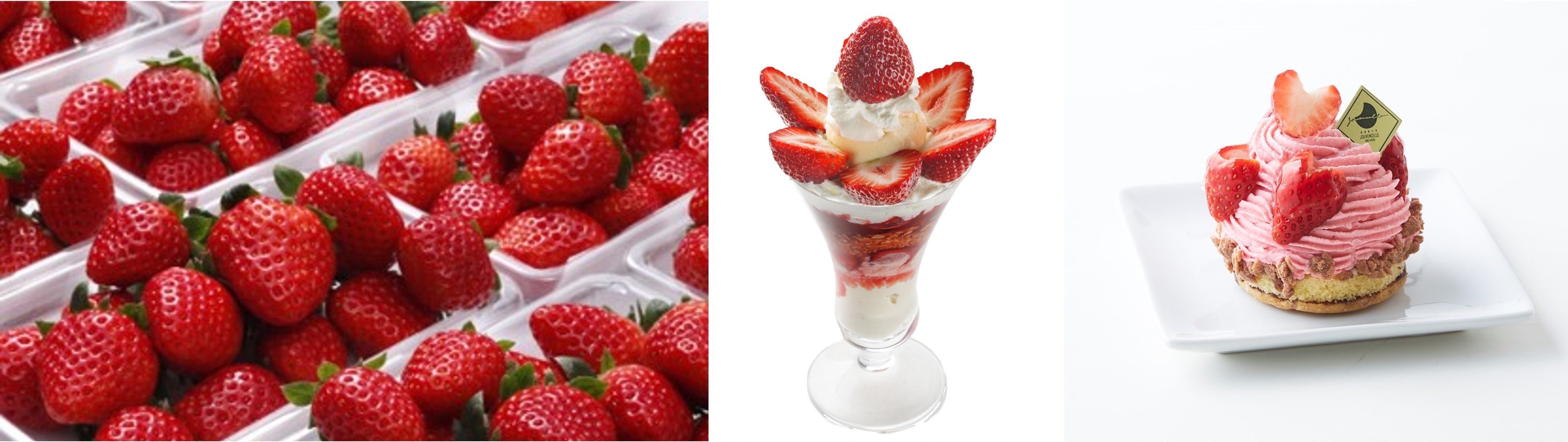 中）〈ジュヴァンセル〉大分ベリーツのもんぶらん、右）〈ばらの木〉大分ベリーツの苺パフェ