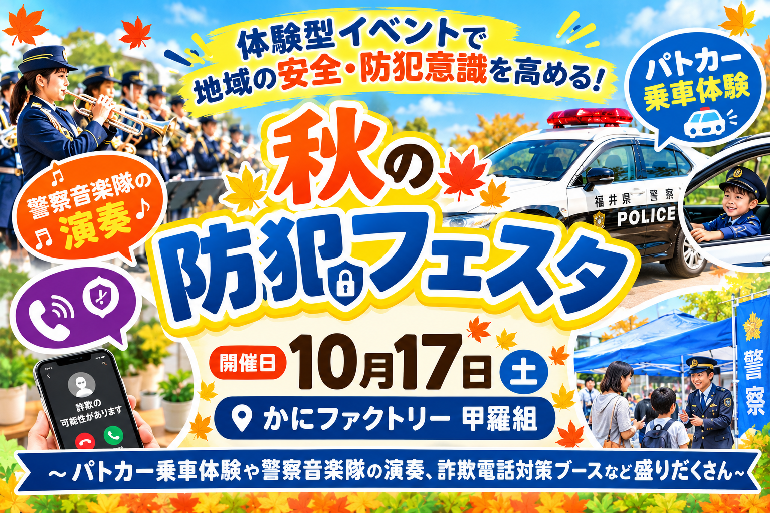 体験型イベントで地域の安全・防犯意識を高める！「秋の防犯フェスタ」を10月17日（土）にかにファクトリー 甲羅組にて開催