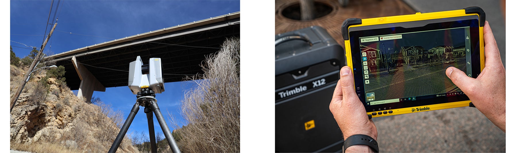 左:橋梁周辺をTrimble X12で計測、右:タブレットPC上に表示されている計測直後の点群