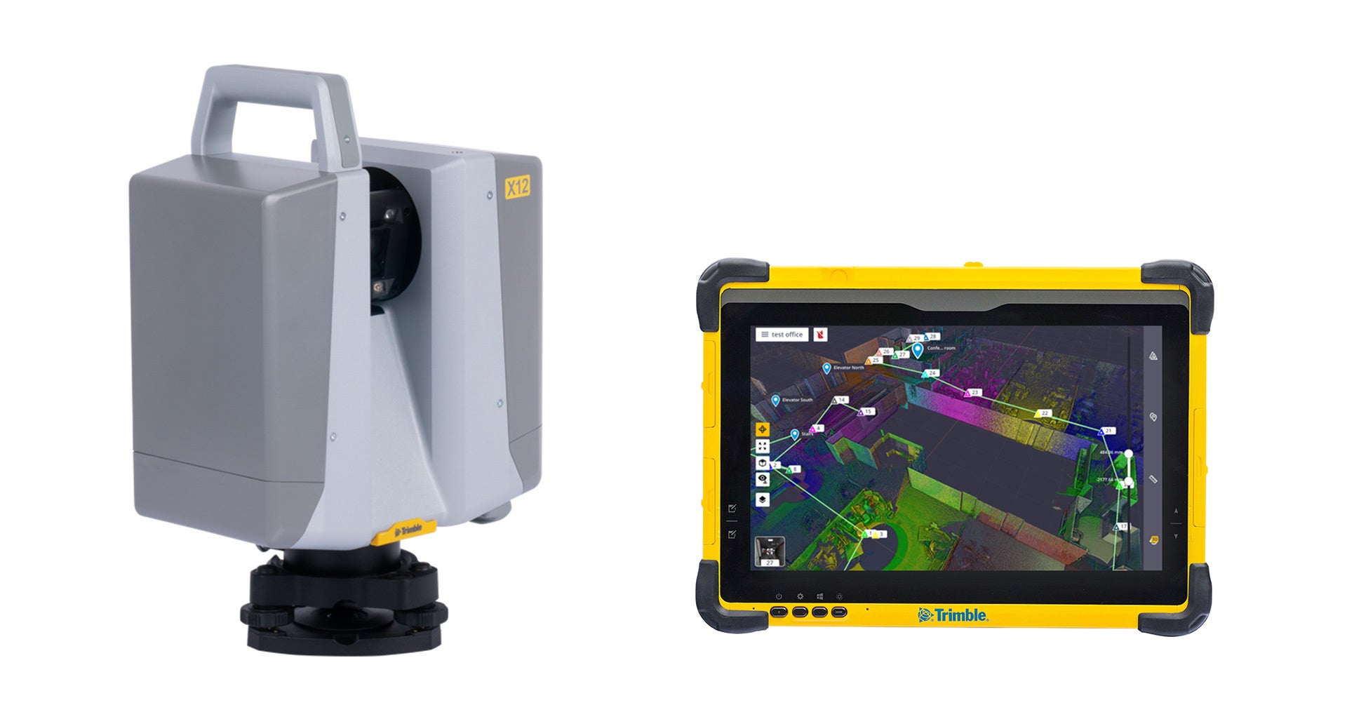 左:Trimble X12、右:専用タブレットPC「Trimble T10x」タブレット(Trimble Perspectiveソフトウェア標準搭載)